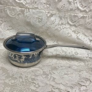 Blue Willow, Stainless Steel-Covered Sauce Pan 13.5in L x 6.5in D x 4.5in H
